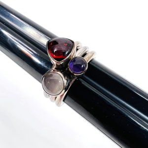 Sterling Silver Stack Ring Set of 3 Natural Stone Amethyst Moonstone Garnet 6.5